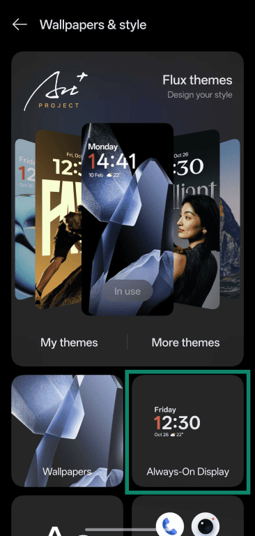Screenshot showing how to access the Always-On Display menu from OnePlus' Wallpapers & style menu