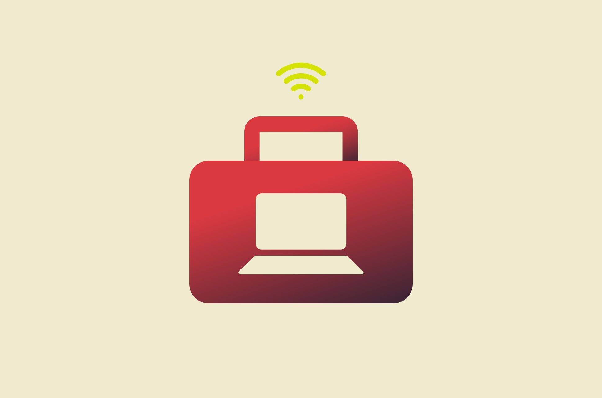 A bag with a laptop inside and the Wi-Fi symbol.