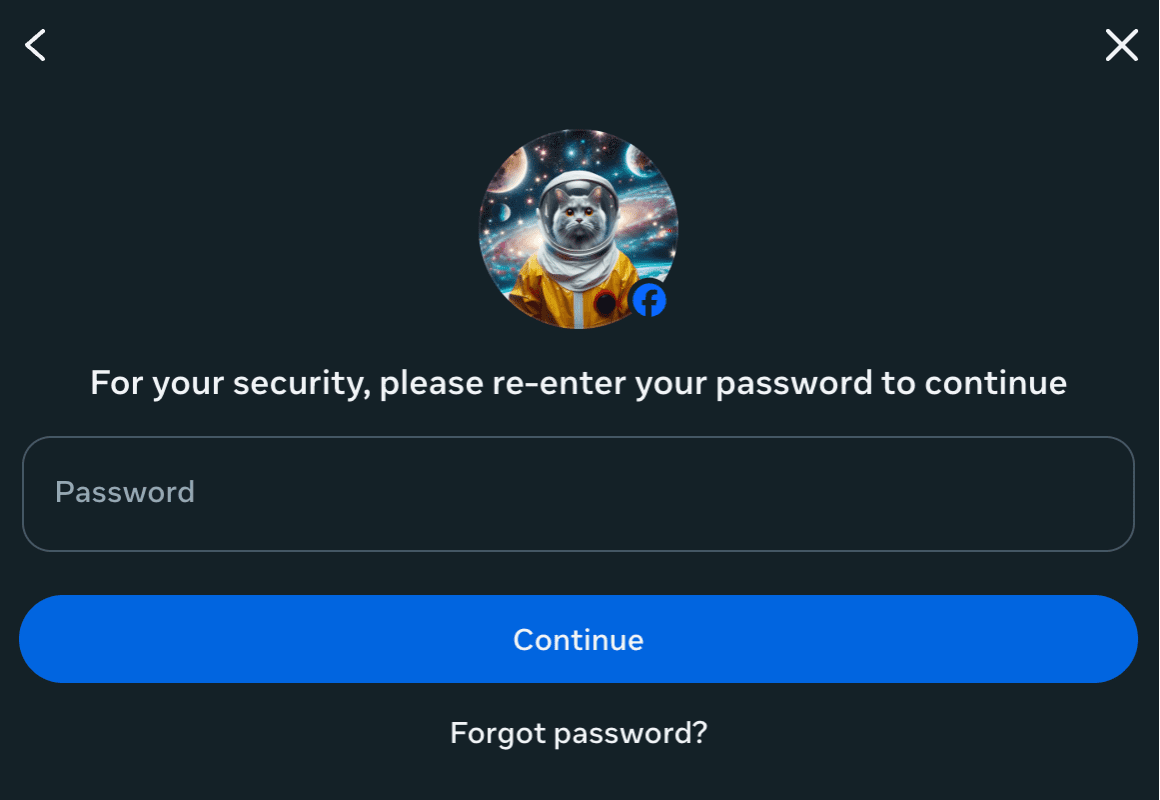 Facebook asking to enter the account password before account deletion.
