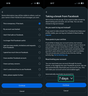 Deactivating Facebook account through the Messenger app, with auto-reactivate set to 7 days.