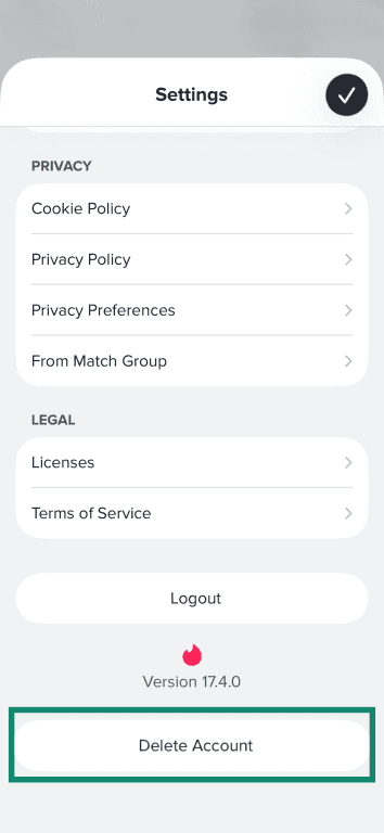 The iOS Tinder settings menu, scrolled down to reveal the Delete Account option.