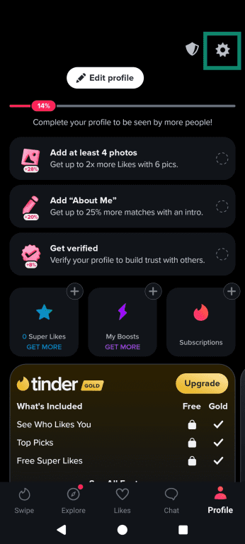 The Tinder home page, highlighting the Settings menu.