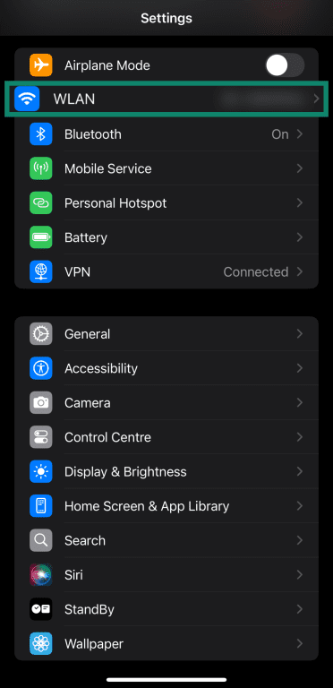 Accessing WLAN settings on iOS.