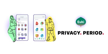 Promotional image for the EUKI period tracking app, showing the app’s logo, the slogan ‘Privacy. Period.’, and two small sample screenshots of the app interface.