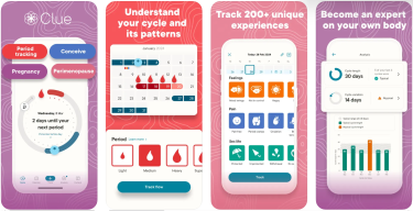 Promotional image for the Clue period tracking app showing four app screens that display a circular period calendar, a traditional calendar view for entering flow details, options for tracking symptoms and experiences, and analytics on cycle patterns.