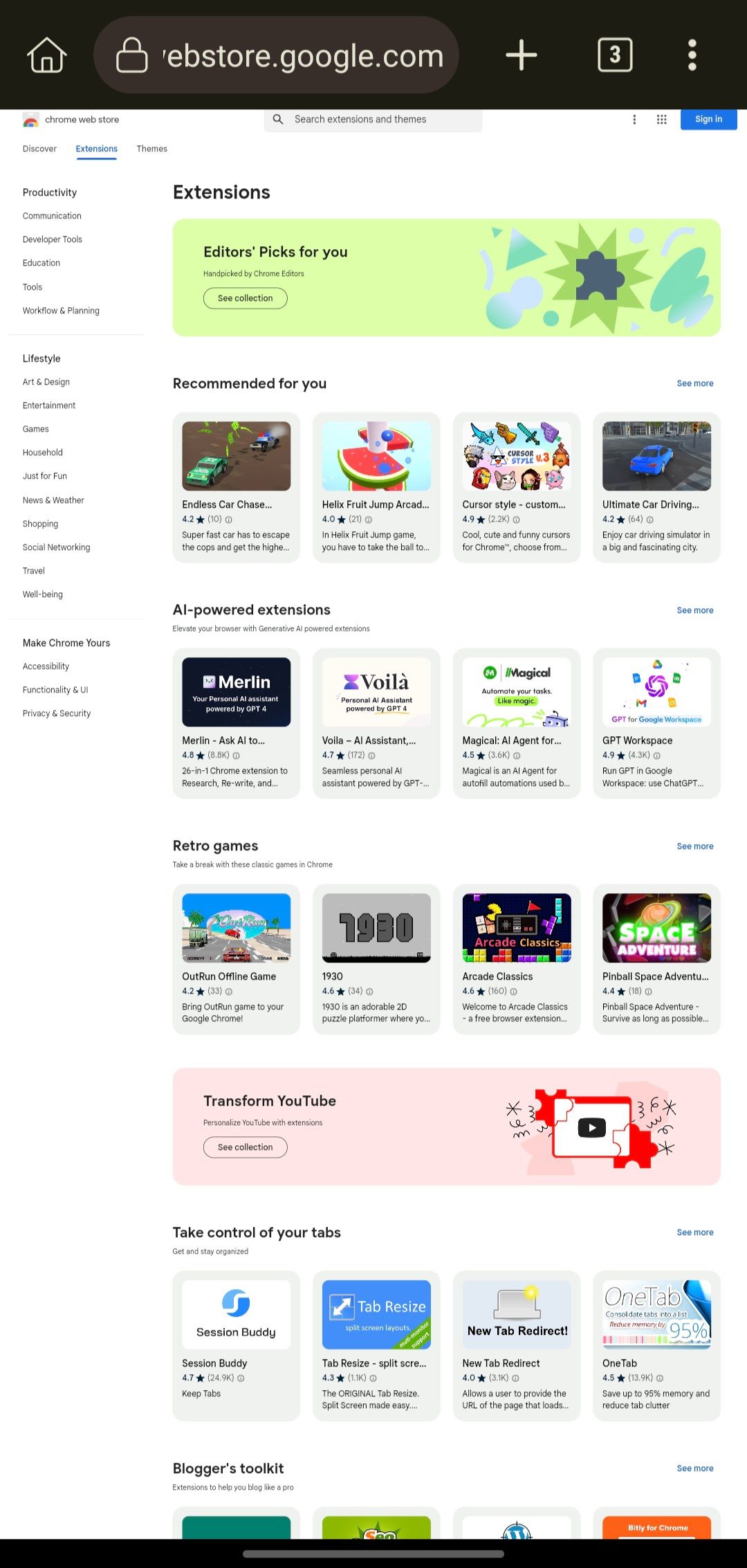 Chrome Web Store on Android.