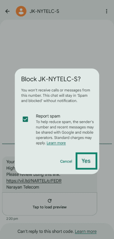 Block confirmation dialog with Report spam checked.