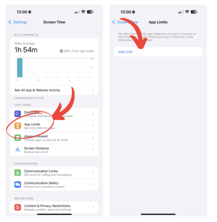 Screenshot of how to block specific apps via Screen Time