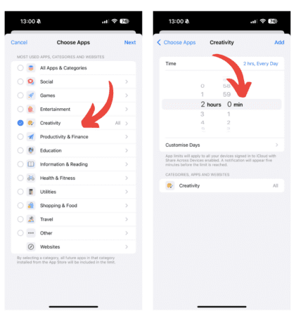 Screenshot of how to block specific apps via Screen Time