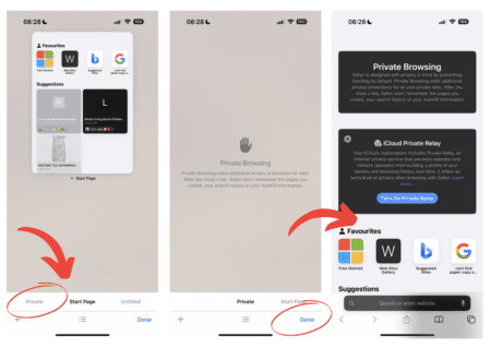 Screenshot of how to turn on Safari private browsing on iPhone
