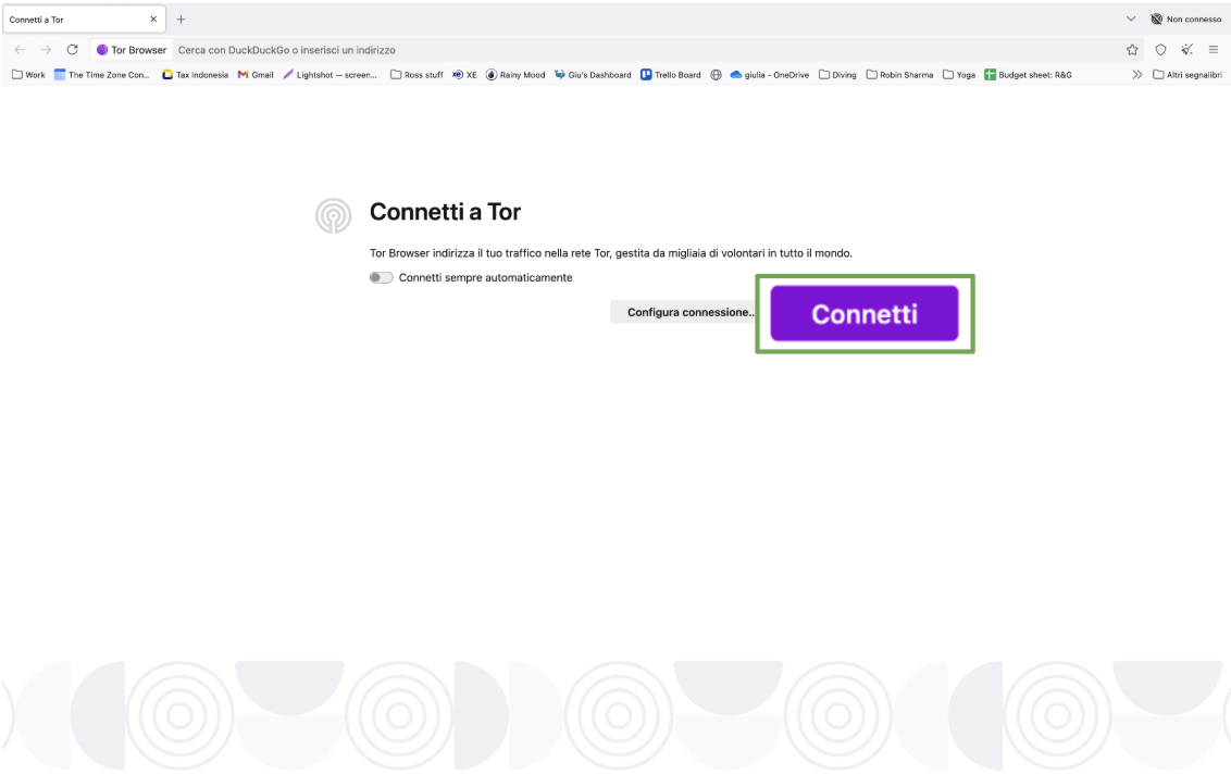 Tor browser window with the Connect button highlighted.