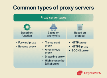 Infographic showing common proxy server types categorized by function anonymity and protocol