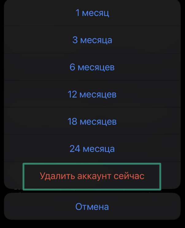 The Telegram "Delete Account Now" button on iPhone.