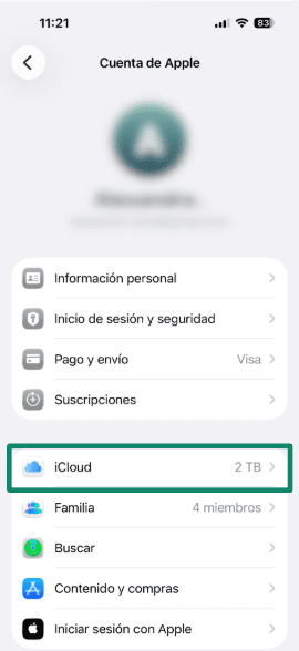 Apple Account screen in iPhone Settings showing iCloud option selected.