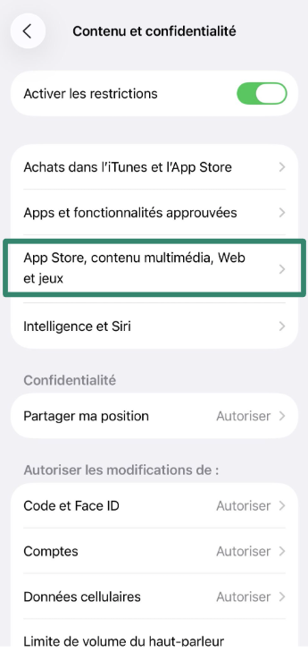 App Store, Media, Web & Games restrictions menu on iPhone.