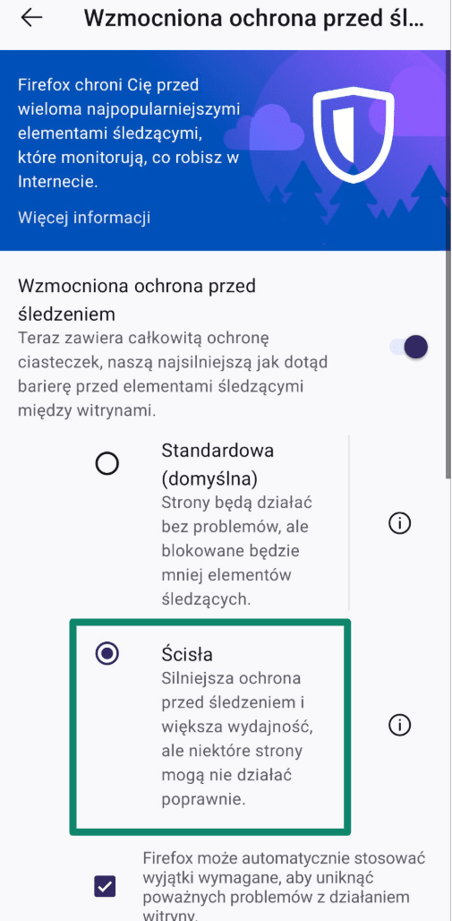 Enhanced Tracking Protection settings in Firefox set to Strict.