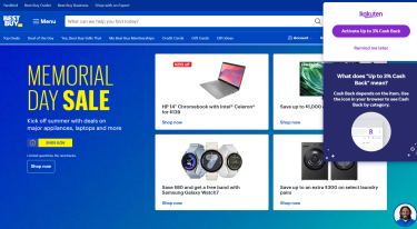 A screenshot showing the Rakuten Chrome extension in action, offering cashback to the user.
