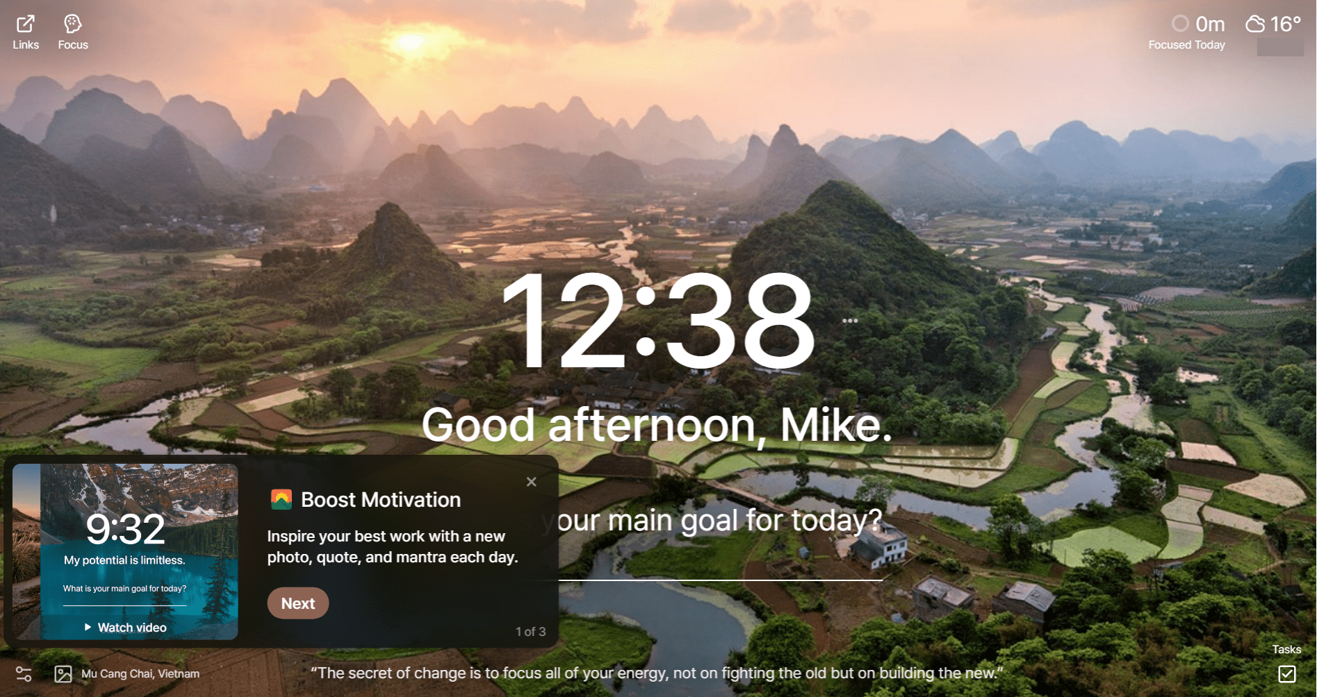 A screenshot of the Momentum extension dashboard.
