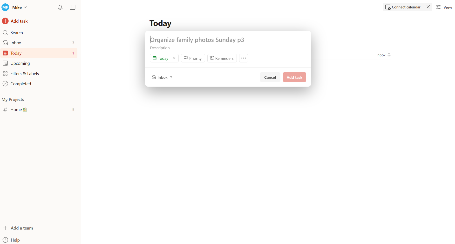 The Todoist extension in action, showing how it can be used to create tasks.
