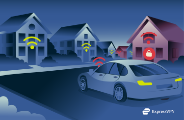 Wardriver vehicle traveling down a street picking up signals from Wi-Fi access points in nearby houses.