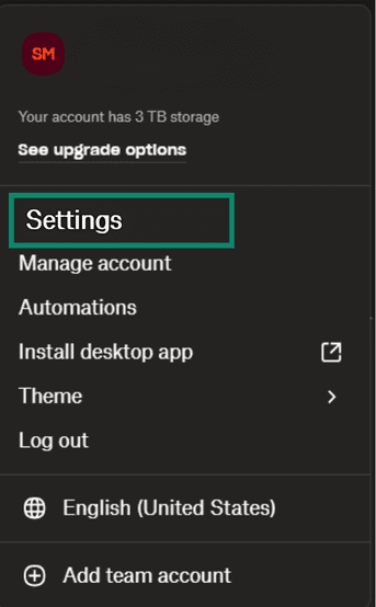 The Dropbox settings menu.