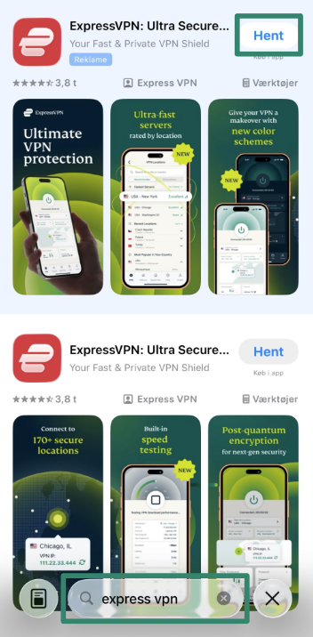 Installation af ExpressVPN fra Apple App Store.