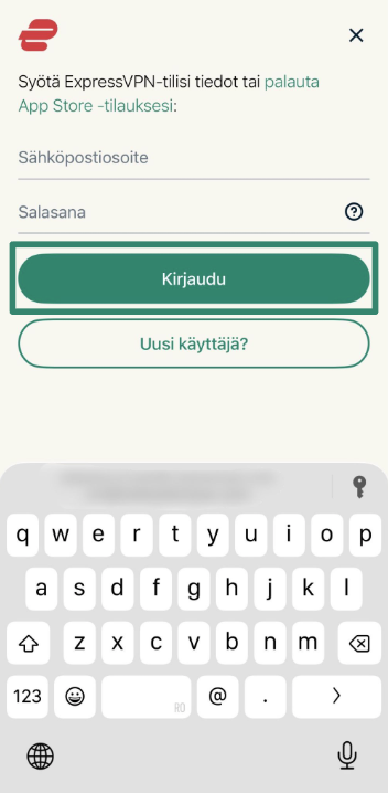 Logging into ExpressVPN using email address and password.
