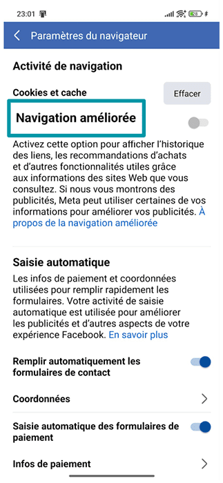 Facebook mobile app Browser settings with the Enhanced browsing toggle highlighted.
