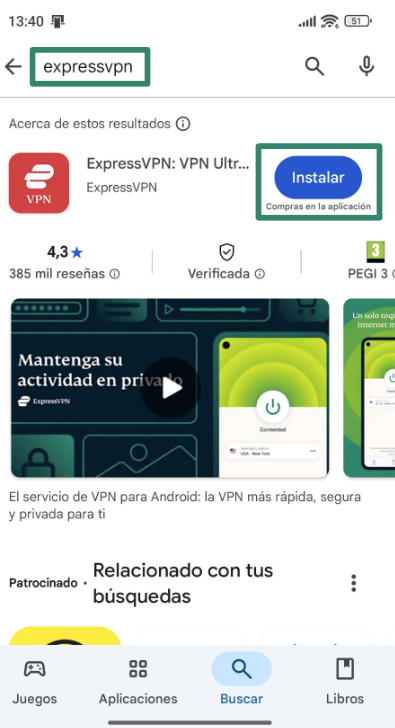 Installing ExpressVPN through the Google Play Store.