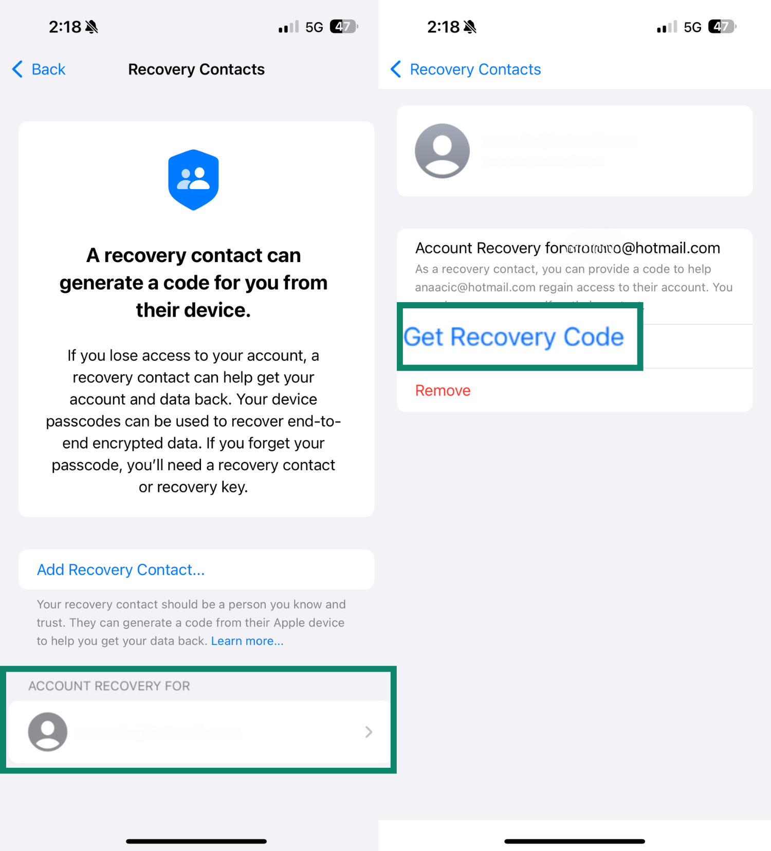 Two side-by-side screenshots showing the Recovery Contacts screen with the option to select account recovery for a user highlighted (left) and the Account Recovery screen with the Get Recovery Code button highlighted (right)