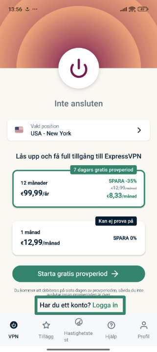 Signing into ExpressVPN on Android.