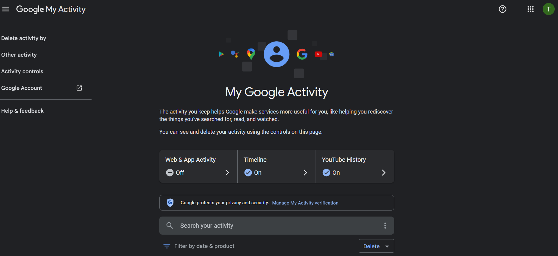 My Google Activity home page.