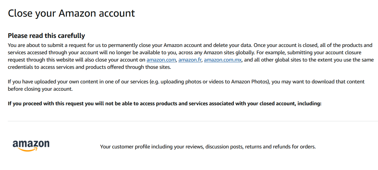 Amazon account closure disclaimer on Amazon for desktop.