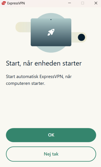 ExpressVPN på Windows, der spørger om appen skal starte automatisk ved Windows' opstart.