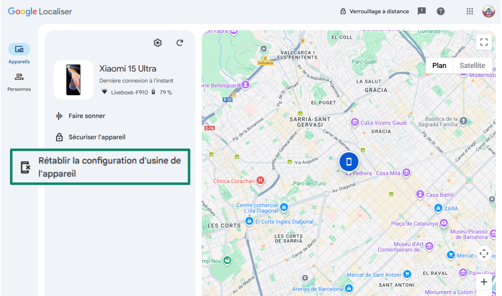 Google's Find My Device dashboard, highlighting the menu option to 'Factory reset device' for a lost Android phone.