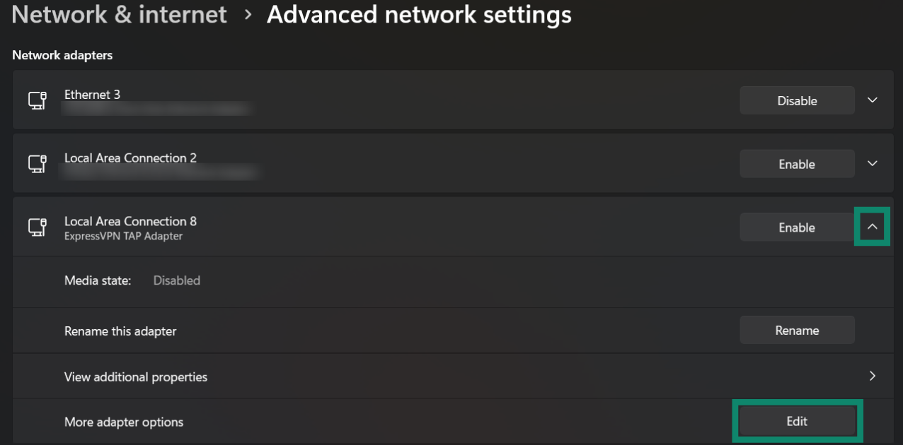 Accessing ExpressVPN TAP Adapter settings on Windows.