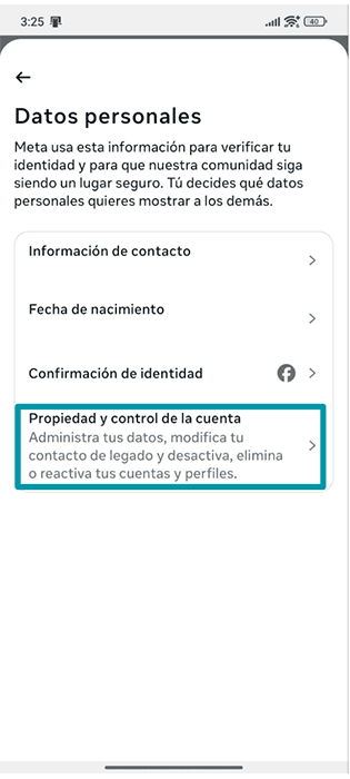 Facebook Android app Personal details settings with Account ownership and control highlighted.