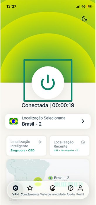 ExpressVPN's home manu with an active connection.