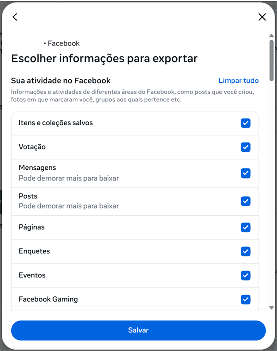 Facebook choosing what activity information to export.