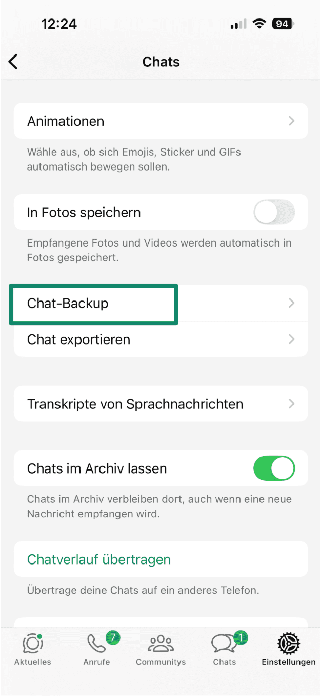 Chats settings screen on iPhone with Chat backup option highlighted