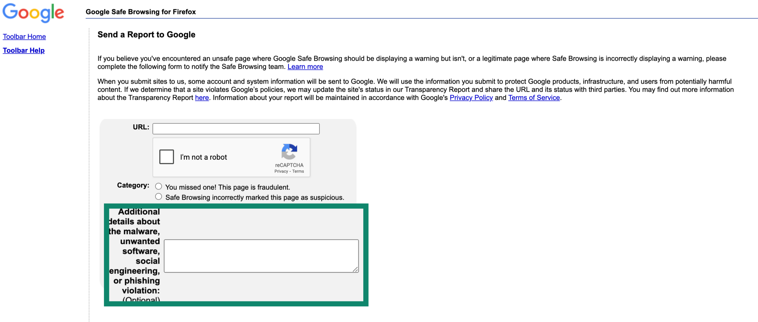 Página de Navegación segura de Google con el campo de categoría resaltado.