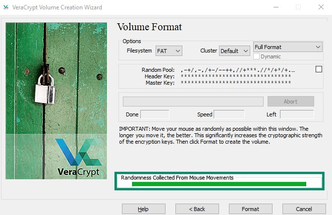VeraCrypt Volume Creation Wizard Volume Format screen with the progress bar highlighted.