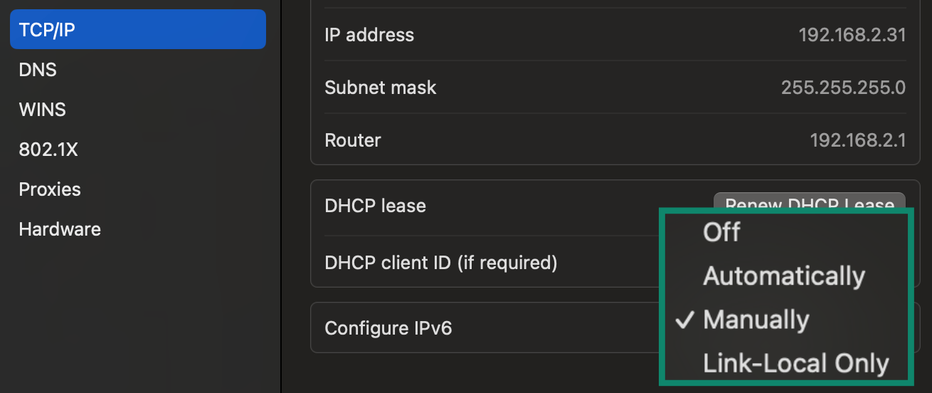 Image showing how to select manual IPv4 or IPv6 configuration.