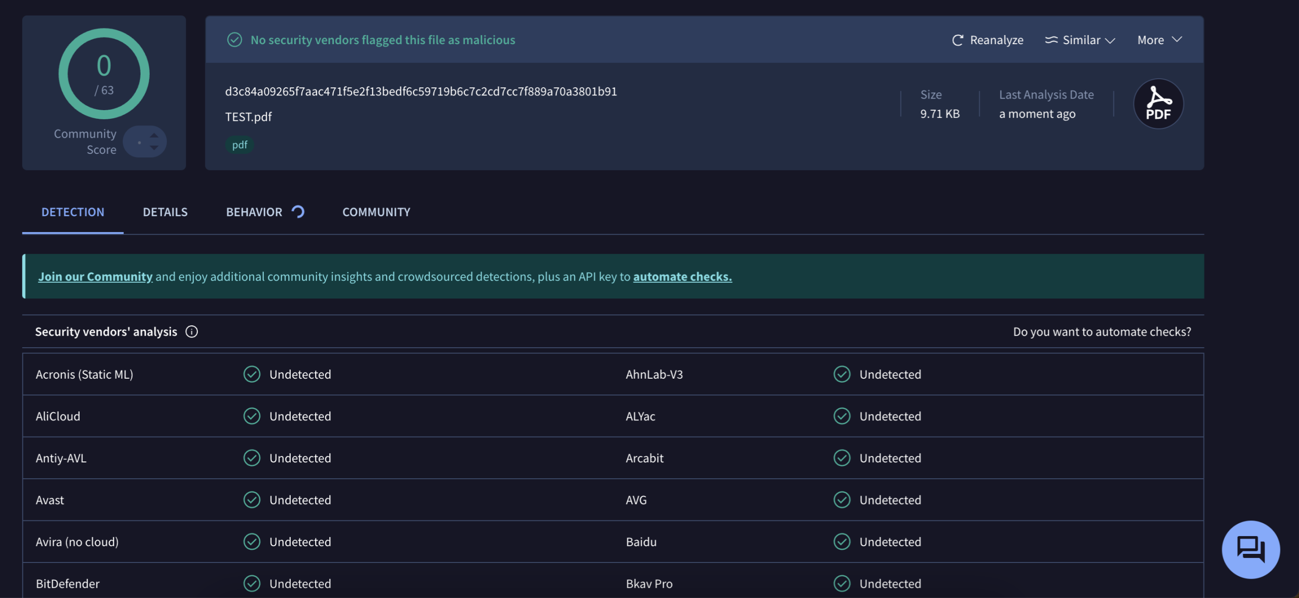 Resultados del análisis de VirusTotal que muestran que no se ha detectado malware en el PDF cargado.