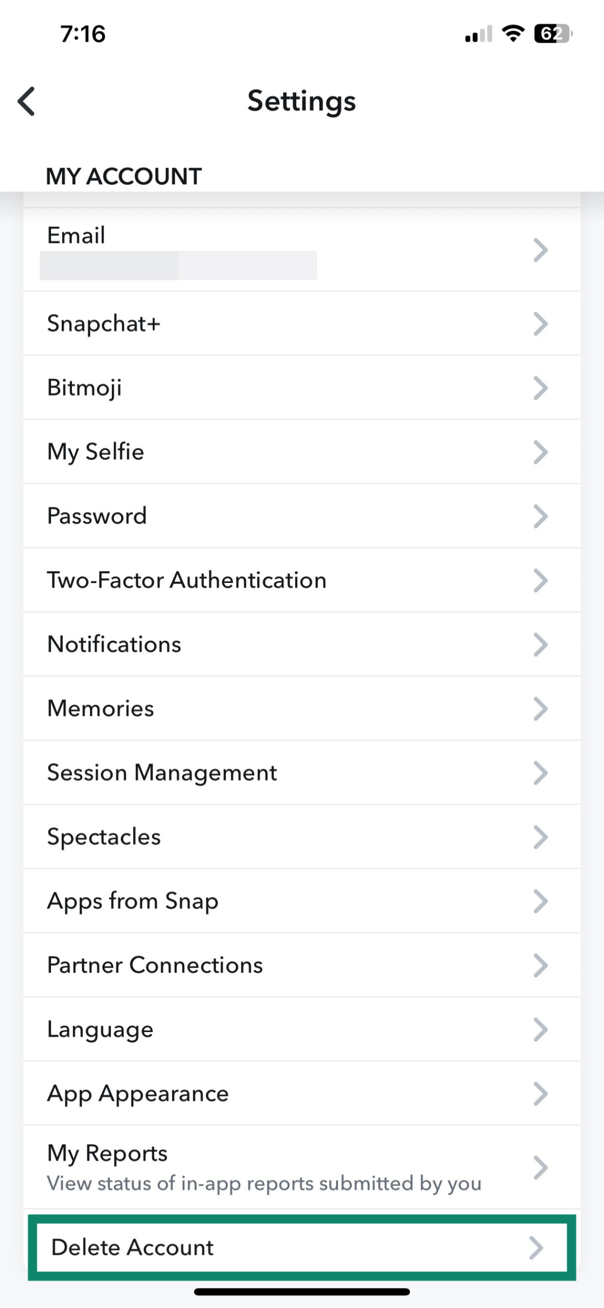 The Settings page of the iOS Snapchat app, showing the Delete Account option.