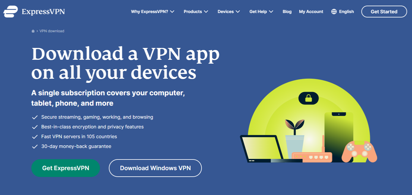 ExpressVPN download page with the download button highlighted