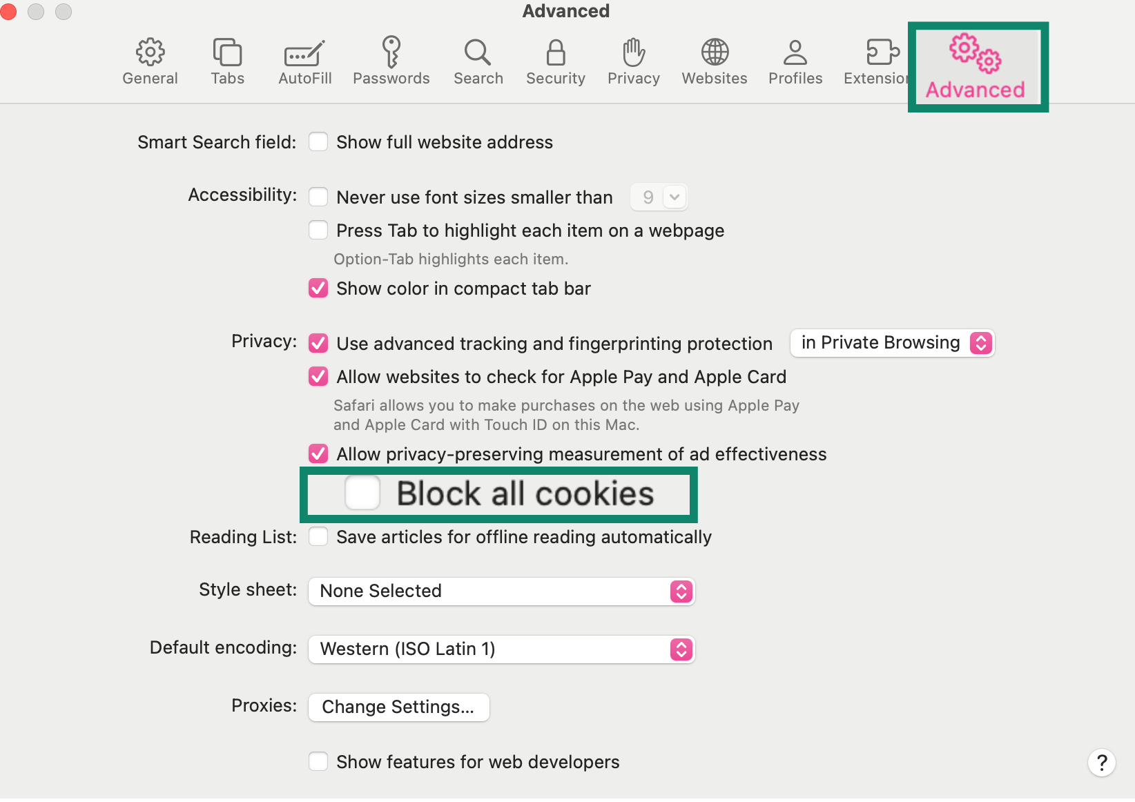 Safari Advanced settings with Block all cookies option.