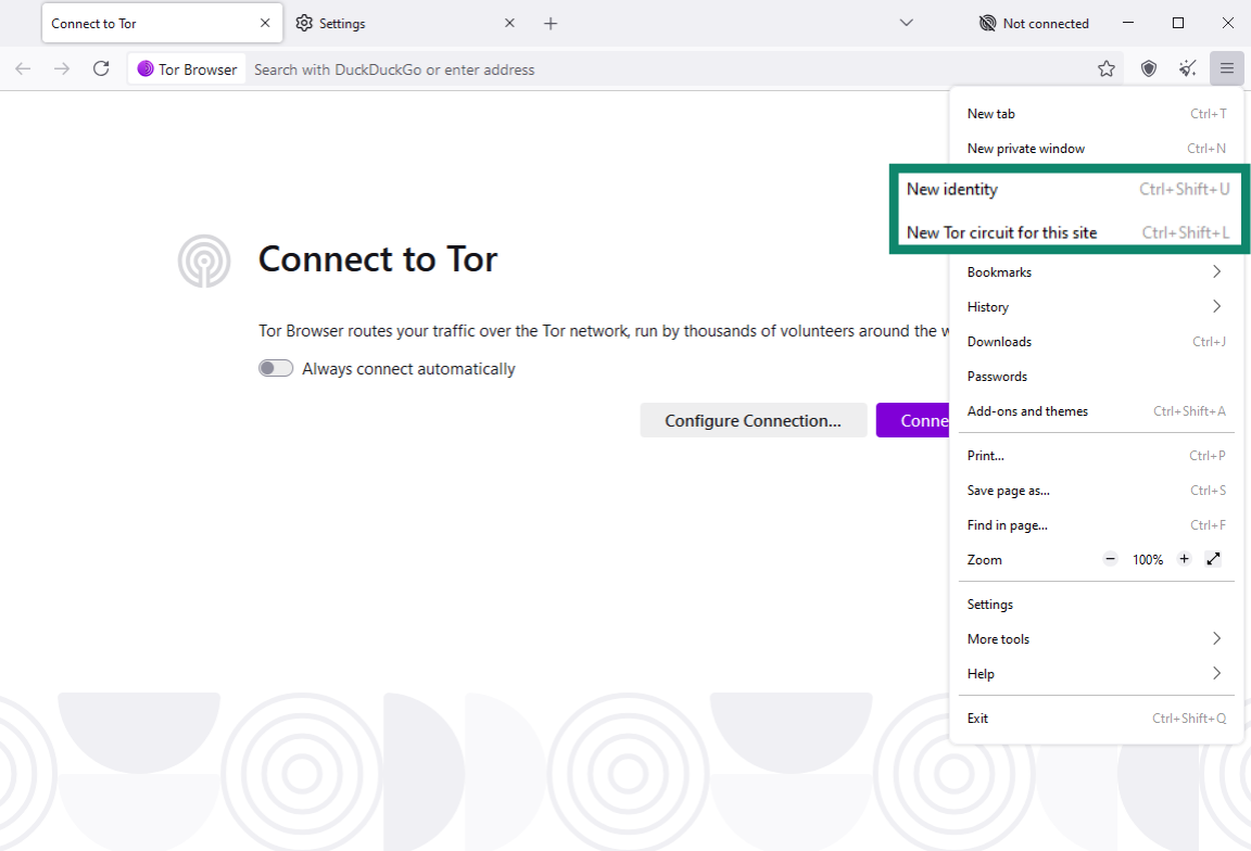 Tor browser application menu with the New identity and New Tor circuit for this site options highlighted