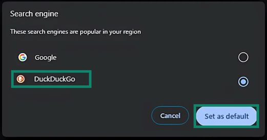 The Chrome browser default search engine settings with DuckDuckGo selected.