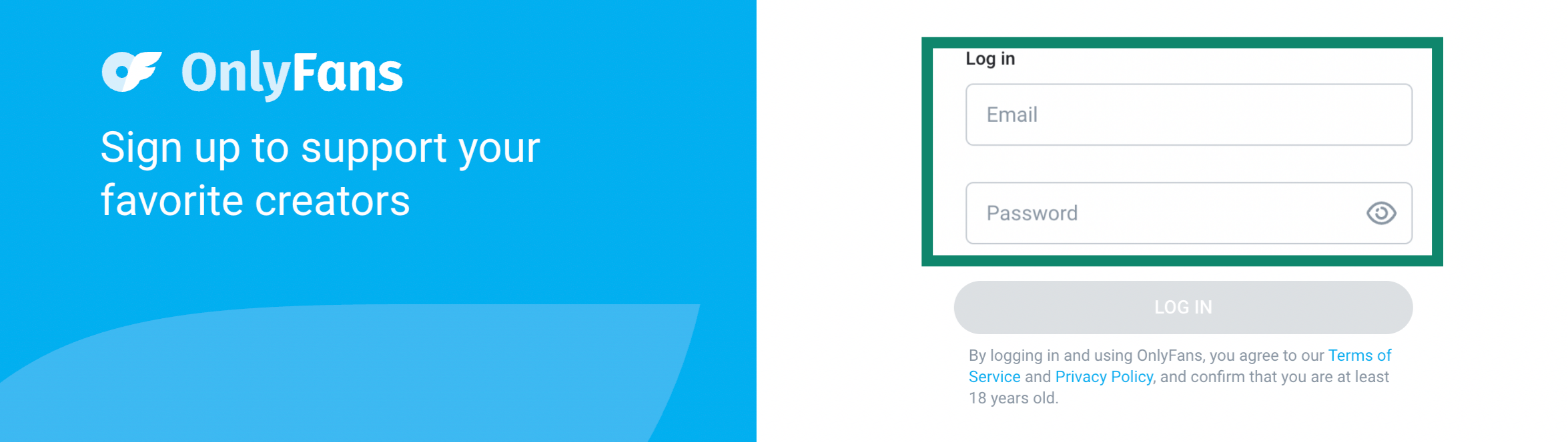 A close-up of OnlyFans's sign up and login page.